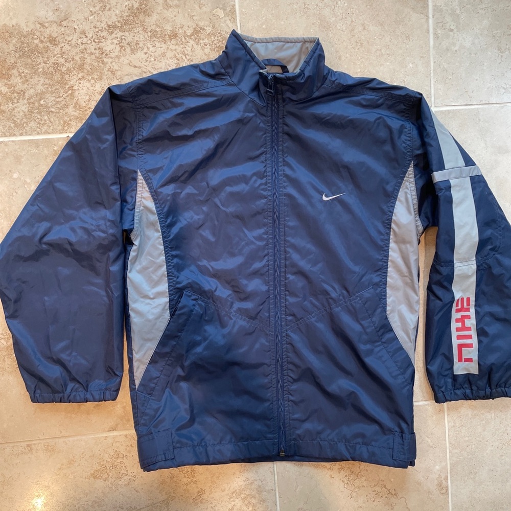 EUC NIKE Boy M (10-12) Blue Grey Lightweight Jacket Lined Long Sleeve Zip Nylon